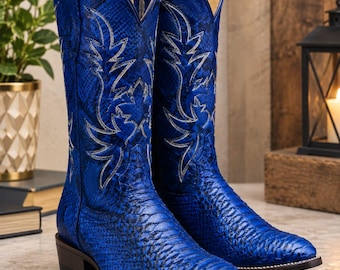 Royal Blue Python Leather Cowboy Boot | Mens Western Boots.