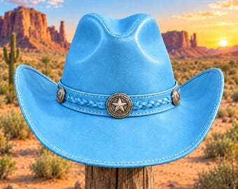Handmade Leather Cowboy Hat, Western Rodeo Accessory, Braided Band, Star Accents