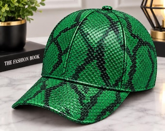 Casquette de baseball en cuir de python véritable, texture gaufrée, style streetwear femme