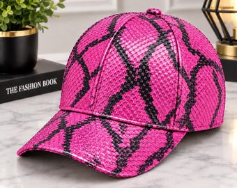 Casquette de baseball en cuir de python véritable, texture gaufrée, style streetwear femme