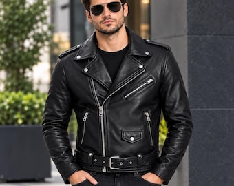 Veste de motard en cuir pour homme, style motard élégant avec fermeture éclair.
