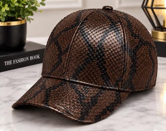 Casquette de baseball en cuir de python véritable, texture gaufrée, style streetwear femme