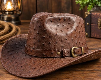 Chapeau de cowboy en cuir d'autruche gaufré, style rancher western fait main