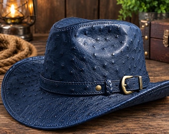 Chapeau de cowboy en cuir d'autruche gaufré, style rancher western fait main
