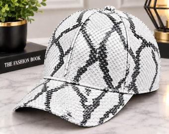 Casquette de baseball en cuir de python véritable, texture gaufrée, style streetwear femme