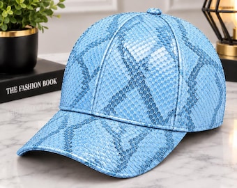 Casquette de baseball en cuir de python véritable, texture gaufrée, style streetwear femme
