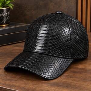 Luxury Embossed Python Leather Baseball Cap, Textured Leather Hat, Adjustable Snapback Streetwear.