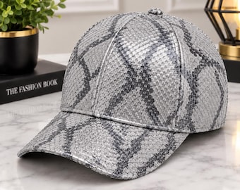 Casquette de baseball en cuir de python véritable, texture gaufrée, style streetwear femme