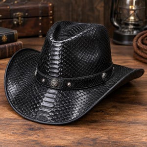 Snake Embossed Leather Hat, Western Cowboy Hat, Luxury Textured Headwear, Stylish Unisex Fashion Hat.