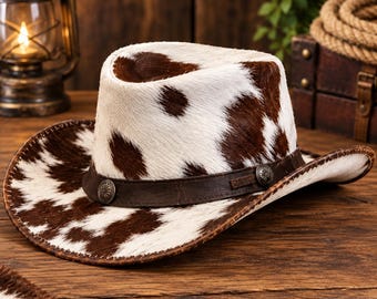 Chapeau de cowboy en cuir de vachette véritable avec poils, style western, motif marron et blanc