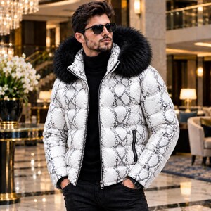 Chaqueta acolchada de piel de pitón repujada para hombre, abrigo de invierno acolchado de lujo, prenda de diseño, regalo hecho a mano