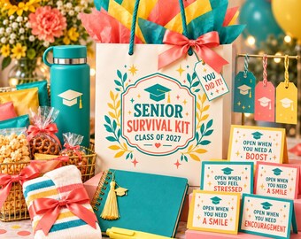 Printbare 'Senior Survival Kit', Afstudeercadeautas voor de lichting van 2027, Kaartjes met 'Openen wanneer'-melding, Cadeaulabels, Mandetiketten, Cadeaukaarthouder, Retrostijl