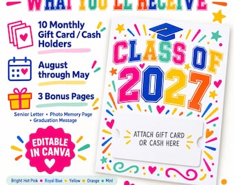 Class of 2027 Senior Keepsake, Monthly Gift Card Holders, Editable Canvas (Digital Download)