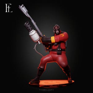 Peut inclure: Une figurine de collection représentant un personnage vêtu d'une combinaison rouge, de bottes noires et d'un masque à gaz, tenant un grand lance-flammes argenté avec un réservoir blanc. Le personnage porte des brassards jaunes et un emblème.