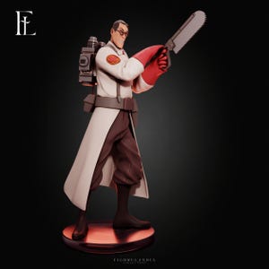 Peut inclure: Une figurine de collection représentant un personnage vêtu d'une blouse blanche, d'un pantalon marron foncé et de gants rouges. Le personnage porte un appareil médical dorsal, des lunettes et tient une scie à os sur un socle circulaire marqué FIGURELANDIA.