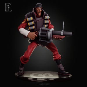 Peut inclure: Une figurine de collection représentant un personnage vêtu d'un uniforme rouge, d'un gilet noir avec des munitions à embout jaune et d'un cache-œil noir. Le personnage tient un grand lance-grenades gris sur un socle circulaire.