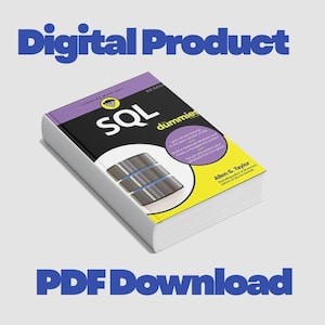 May include: A digital product PDF download featuring the 9th edition of the SQL For Dummies book by Allen G. Taylor. The book cover is black, yellow, and purple with a graphic of three stacked database cylinders and the text SQL For Dummies.