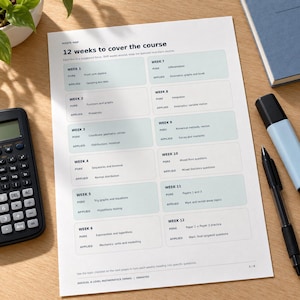 May include: A white study planner sheet titled Route Map 12 weeks to cover the course, featuring a grid of twelve weekly sections for Edexcel A Level Mathematics. The document includes a black calculator, a blue highlighter, and a black pen.