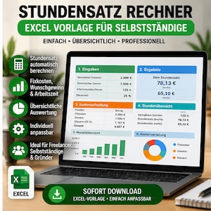 Könnte beinhalten: Ein Laptop-Bildschirm mit einer Excel-Vorlage zur Stundensatzberechnung für Selbstständige. Die Oberfläche zeigt Eingabefelder, Ergebnisse, Kostenaufstellungen und ein Balkendiagramm. Text: STUNDENSATZ RECHNER und EXCEL VORLAGE FÜR SELBSTSTÄNDIGE.