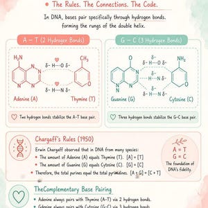 May include: A biochemistry study guide titled Base Pairing, featuring chemical structures for Adenine-Thymine and Guanine-Cytosine bonds. The document explains Chargaff's Rules and complementary base pairing with text, diagrams, and soft watercolor accents.