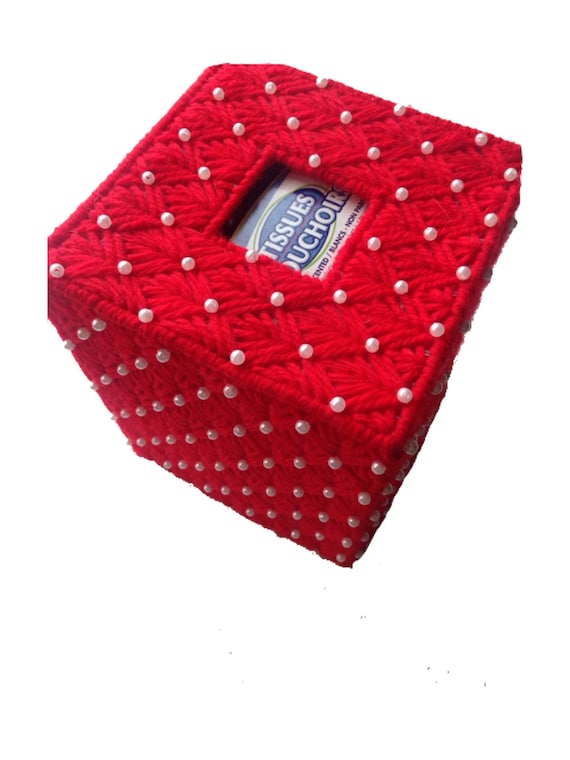 Red Square Tissue Cover with Pearl Beads, Tissue Topper for Christmas or Valentines Day, Handmade Facial Tissue Box Cover