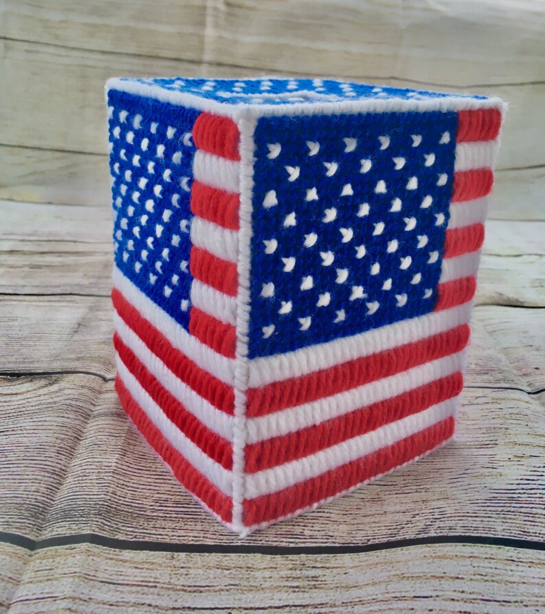 USA Patriotic American Flag Tissue Cover in Plastic Canvas, july 4th, Memorial Day, forth of july image 2