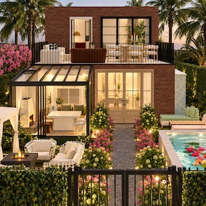 May include: A two-story brick house with a glass-enclosed sunroom, a rooftop terrace, and a garden featuring a swimming pool filled with pink water lilies, a white gazebo with a fire pit, and a gravel path lined with flowering bushes.