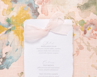 Deckle Edge Wedding Menu Place Card Reception Table Decor with Light Pink Sheer Chiffon Ribbon | Set of 10
