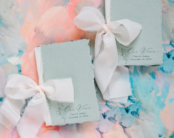 Floral Calligraphy Sage Green Vow Books, Personalized Wedding Vows, Silk Ribbon | Set of 2