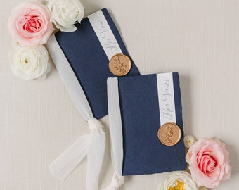 Calligraphy Fine Art Navy Blue Vow Books Wedding, Crinkle Ribbon Wax Seal Vows | Set of 2