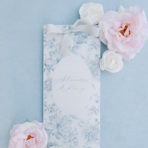 Blue Toile Floral Vellum Layered Wedding Menu Place Card Reception Table Decor with Silk Ribbon | Set of 10