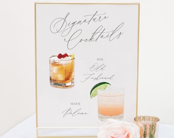 Signature Drink Menu, Wedding Watercolor Cocktail Sign, His and Hers Signature Drinks, Printed Sign, Bar Sign