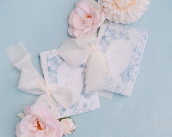 Blue Toile Floral Wedding Vow Books, Our Vows, White Silk Ribbon | Set of 2