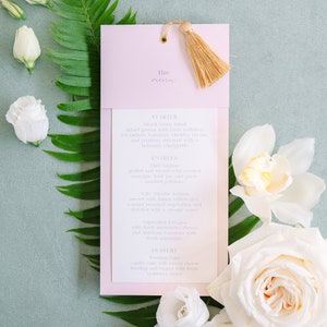 Dusty Pink Layered Wedding Menu Reception Table Decor with Gold Tassel