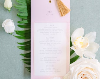 Dusty Pink Layered Wedding Menu Reception Table Decor with Gold Tassel