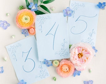 Calligraphy Fine Art Wedding Reception Light Blue Floral Deckle Table Numbers Card, Table Decor