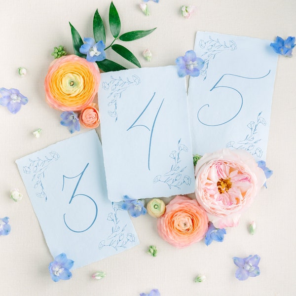 Calligraphy Fine Art Wedding Reception Light Blue Floral Deckle Table Numbers Card, Table Decor