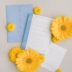 Happily Ever After French Blue Book 2 Piece Wedding Invitation Suite | Personalized | Set of 10