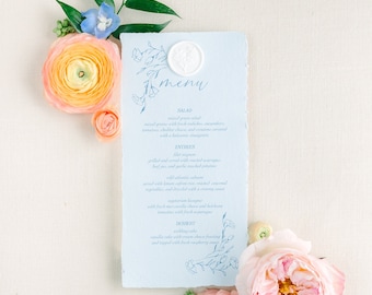 Fine Art Calligraphy Light Blue Deckle Edge Wedding Menu Wax Seal Reception Table Decor