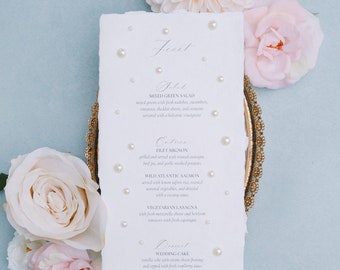 Pearl Embellished Wedding Menu Reception Table Decor Deckle Edge Paper | Set of 10