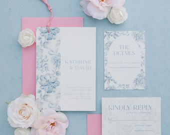 Blue Floral Toile Vellum 3 Piece Wedding Invitation Suite with Pink Tassel | Personalized | Set of 10