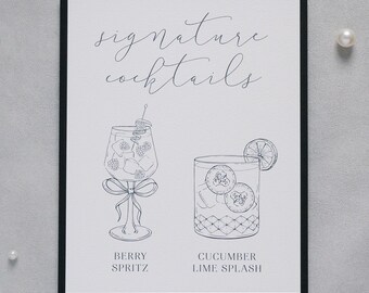 Black & White Wedding Signature Drink Menu, Illustrated Cocktail Bar Sign, His and Hers Drinks