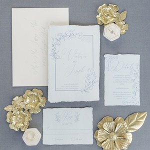 Fine Art Calligraphy Deckle Edge 3 Piece Light Blue Wedding Invitation Suite | Personalized | Set of 10