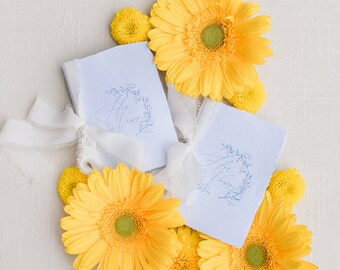 Light Blue Floral Calligraphy Vow Books, Personalized Wedding His & Hers Vows | Set of 2