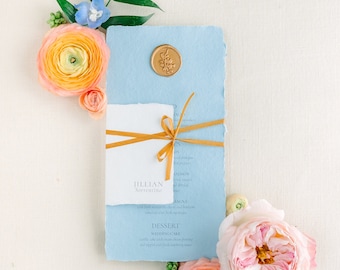 French Blue Deckle Edge Wedding Menu with Silk Ribbon, Wax Seal Place Card Reception Table Decor