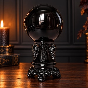 Op de afbeelding: Een gepolijste zwarte bol rustend op een decoratieve zwarte standaard met ingewikkelde uitgesneden details. De bol heeft een glad, reflecterend oppervlak dat een raam en kamerinterieur weerspiegelt. De standaard heeft een brede voet.