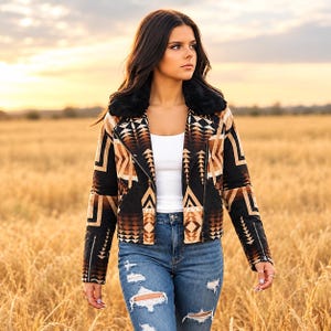 Beth Dutton Aztec Aviator Jacket, Yellowstone Inspired Wool Fleece Western Coat for Women, Shearling Collar Ranch Style