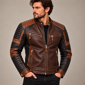 Men's Dark Brown and Black Leather Biker Jacket with Quilted Sleeves, Four Zipper Pockets, Stand Collar, Two-Tone Cafe Racer Style Outerwear