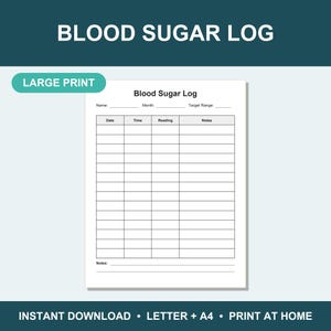 Puede incluir: Una plantilla de registro de azúcar en sangre en letra grande sobre una hoja blanca. El documento presenta un encabezado con campos para nombre, mes y rango objetivo, seguido de una tabla con columnas para fecha, hora, lectura y notas.