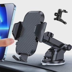 May include: A black car phone mount with a carbon fiber textured back panel, adjustable side arms, and a bottom support shelf. The mount features a suction cup base with an extendable arm and a separate air vent clip attachment for mounting.